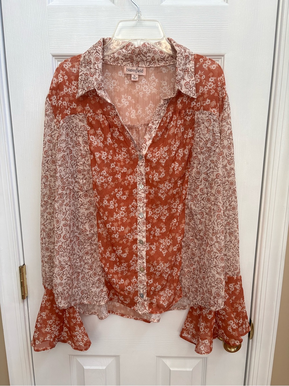 Women's Bohemian Floral Sheer Button-Up Blouse w/ Bell Sleeves, Size XL, EUC